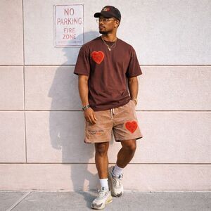 Citizens of Heaven Embroidered Red Heart Brown Corduroy Shorts